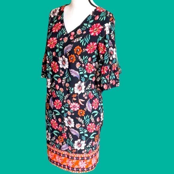 LAUNDRY NWT BLUE FLORAL SHIFT DRESS FLUTTER 3/4” SLEEVES SIZE 6 - Picture 3 of 8